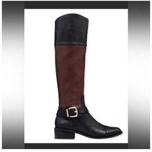 Vince Camuto Leisha Cognac Black Leather Knee High Riding Boots Women 7 low heel